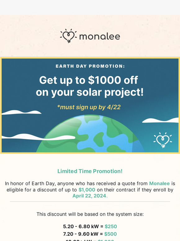 Earth Day Promotion: Get Up to $1,000 Off Your Solar Project!