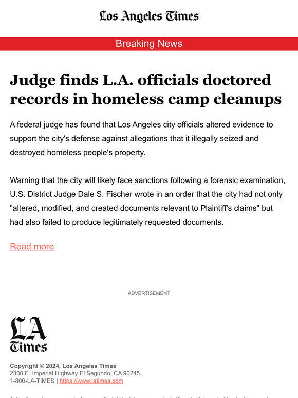 Judge finds L.A. officials doctored records in homeless camp cleanups