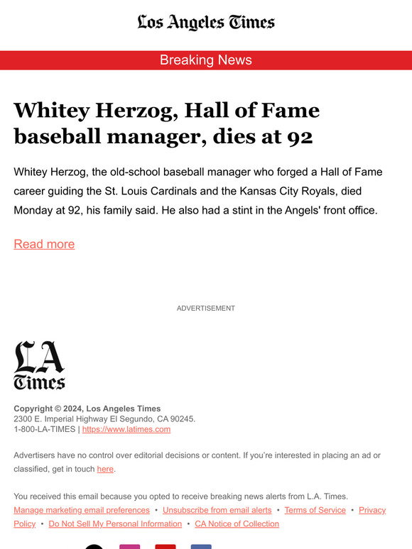 Whitey Herzog, Hall of Fame baseball manager, dies at 92