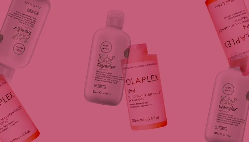 Shampoos for Thinning Hair: a collage of Paul Mitchell and Olaplex shampoos on red background