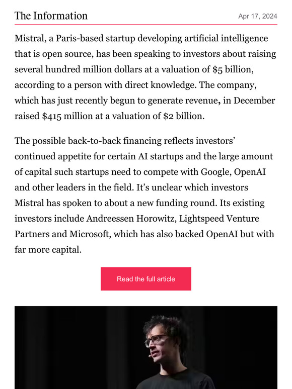 theinformation Mistral, an OpenAI Rival in Europe, in Talks to Raise Capital at a 5 Billion