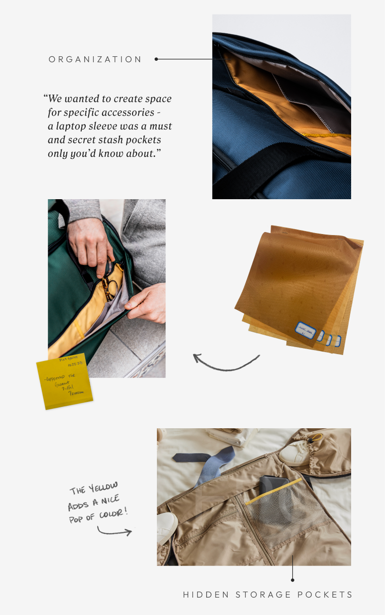 We wanted to create space for specific accessories - a laptop sleeve was a must and secret stash pockets only you'd know about.