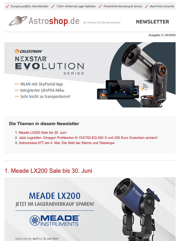 🚨 Sparen beim Meade LX200 bis 30.6., Omegon ProNewton + 250€ Gutschein, Besuchen Sie die ATT-Astromesse am 4. Mai 🔭