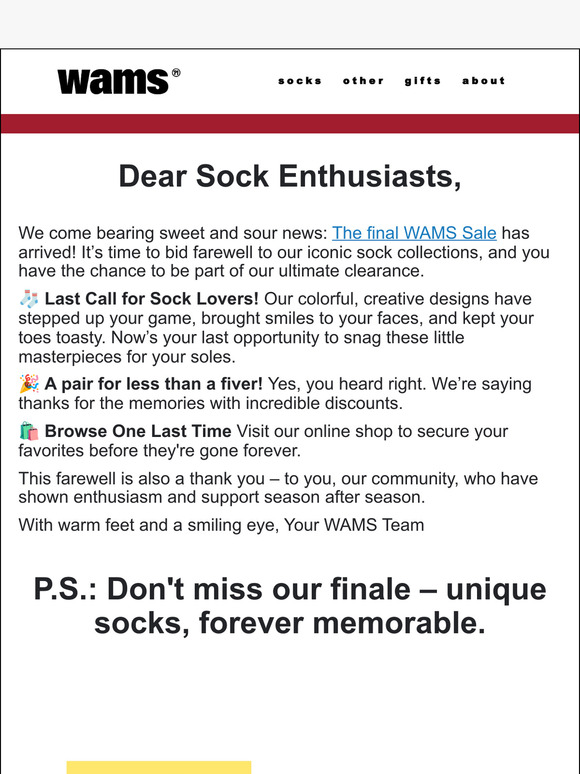 🥁The Grand Finale – Our Last WAMS sock collection sale!