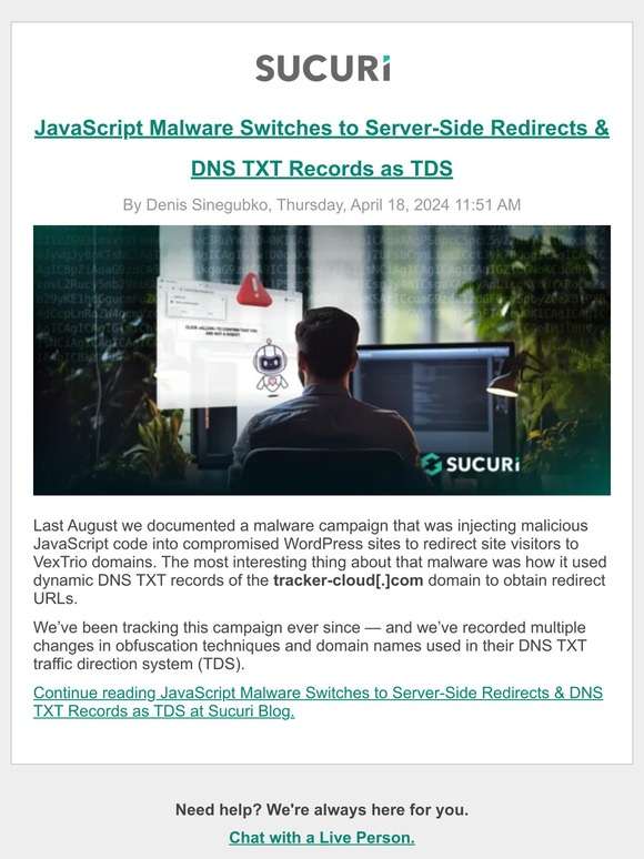 Sucuri: JavaScript Malware Switches to Server-Side Redirects & DNS TXT ...