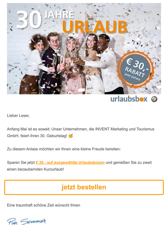 🎉 Zu unserem 30. Geburtstag schenken wir Ihnen € 30,- Rabatt auf unvergessliche Kurzurlaube! 🎉