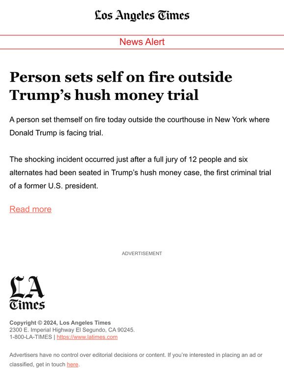 Person sets self on fire outside Trump’s hush money trial