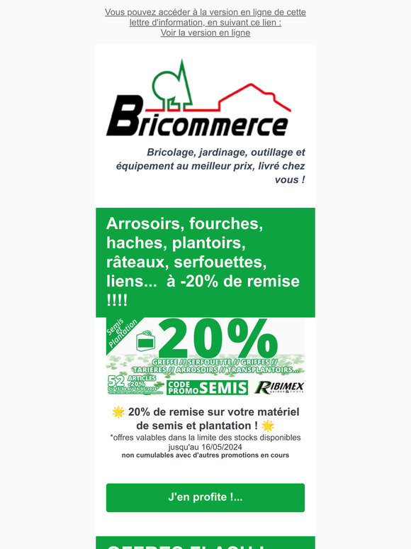 Promotions 20% de remise, sur votre matériel pour vos semis et plantations et 2 offres flash...