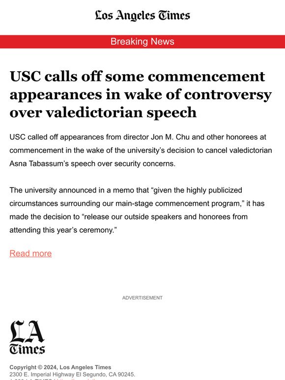 USC calls off some commencement appearances in wake of controversy over valedictorian speech