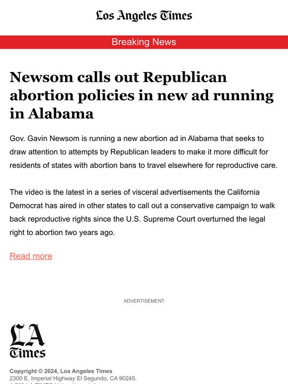 Newsom calls out Republican abortion policies in new ad running in Alabama