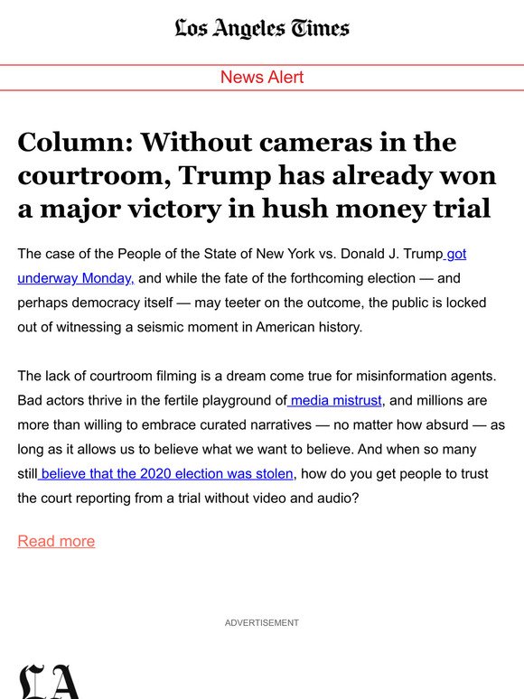 Column: Without cameras in the courtroom, Trump has already won a major victory in hush money trial