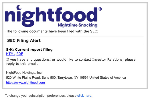 SEC Filing Alert for NightFood Holdings, Inc.