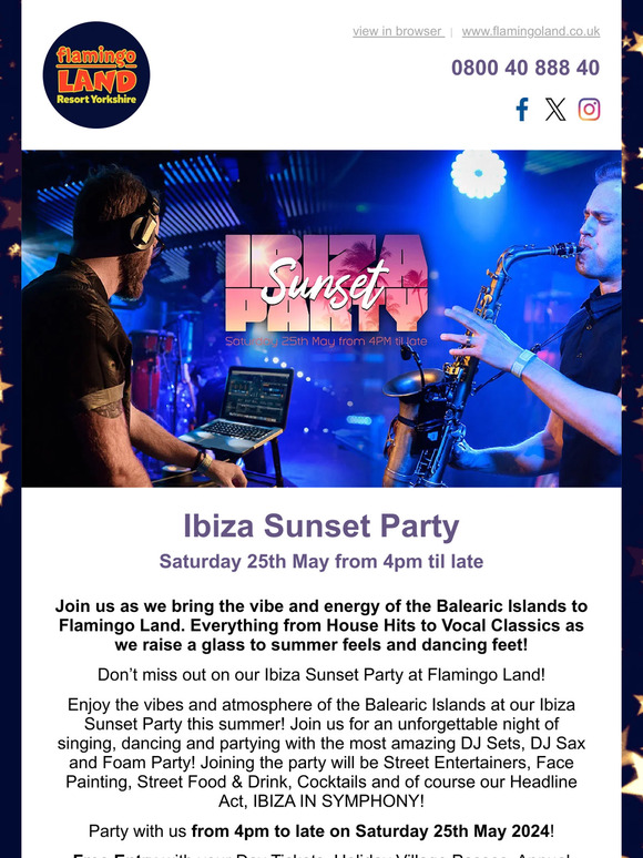 Don’t miss out on our Ibiza Sunset Party at Flamingo Land