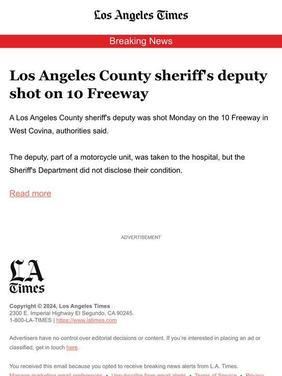 Los Angeles County sheriff's deputy shot on 10 Freeway