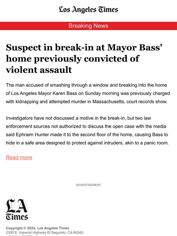 Suspect in break-in at Mayor Bass' home previously convicted of violent assault
