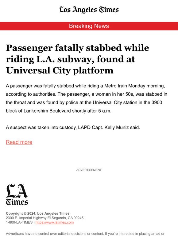 Passenger fatally stabbed while riding L.A. subway, found at Universal City platform