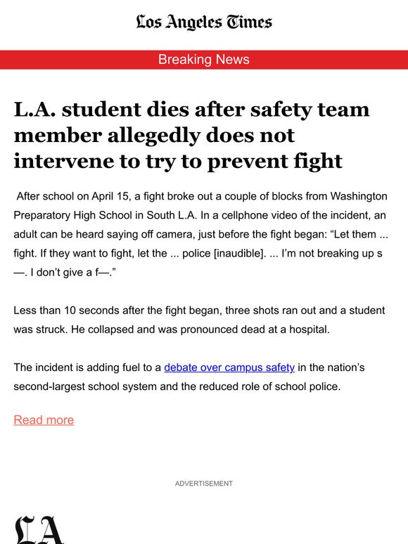 L.A. student dies after safety team member allegedly does not intervene to try to prevent fight