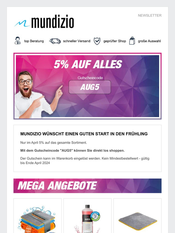 Aktion endet bald! 5% Auf Alles im April - mundizio Newsletter