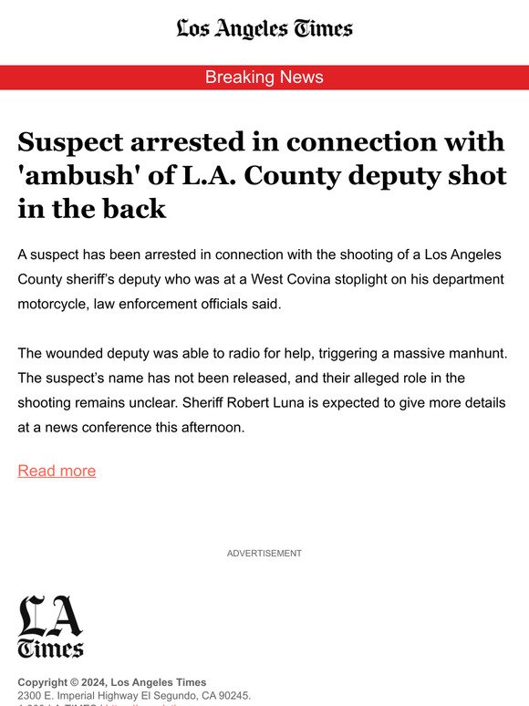 Suspect arrested in connection with 'ambush' of L.A. County deputy shot in the back