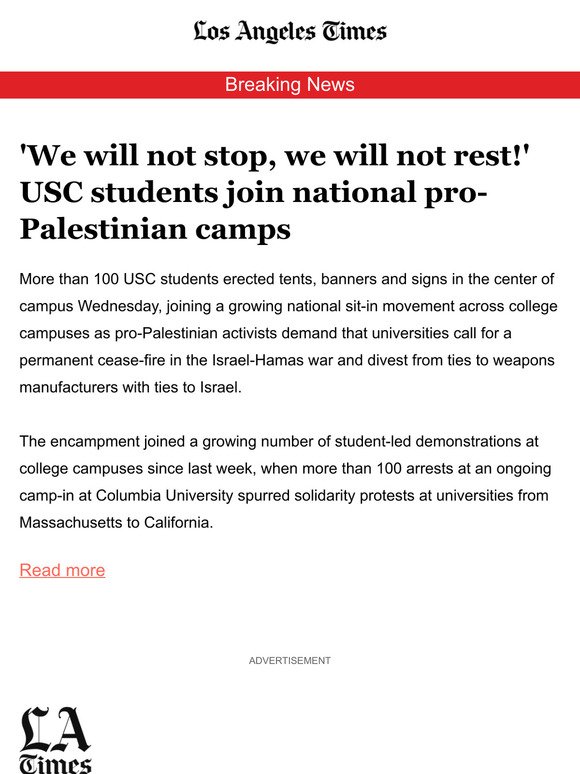 'We will not stop, we will not rest!' USC students join national pro-Palestinian camps