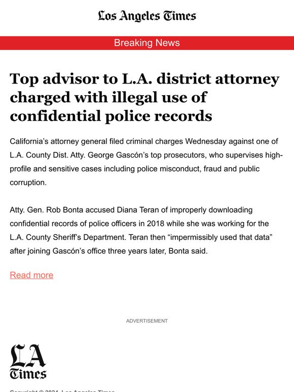 Top advisor to L.A. district attorney charged with illegal use of confidential police records