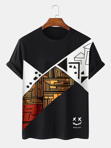 Smile Geo Print Patchwork T-Shirts