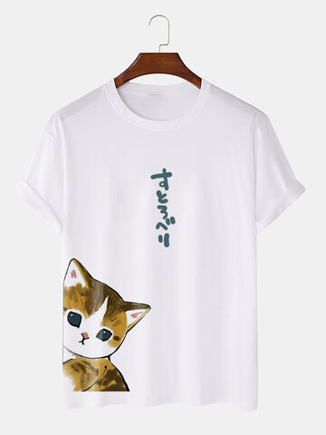 Japanese Cat Print Cotton T-Shirts