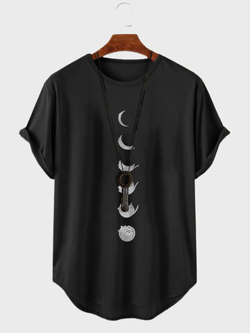 Cat Print Curved Hem T-Shirts