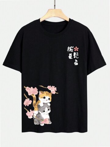 Cherry Blossoms Cat Print T-Shirts