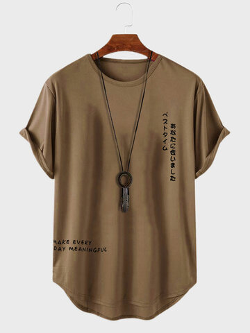 Japanese Print Curved Hem T-Shirts