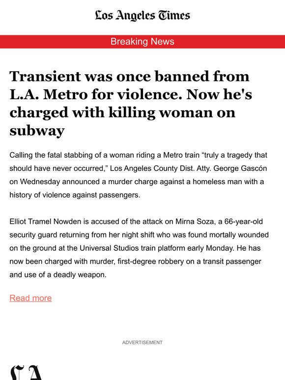 Transient was once banned from L.A. Metro for violence. Now he's charged with killing woman on subway