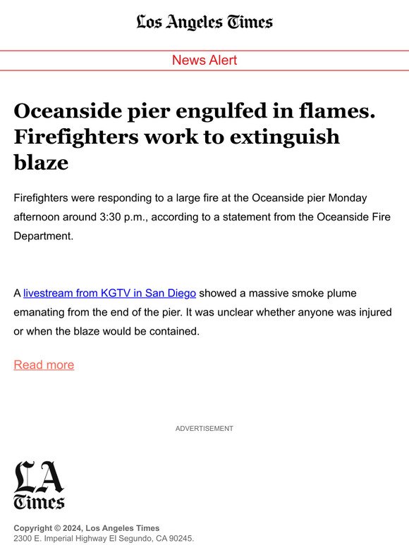 Oceanside pier engulfed in flames. Firefighters work to extinguish blaze