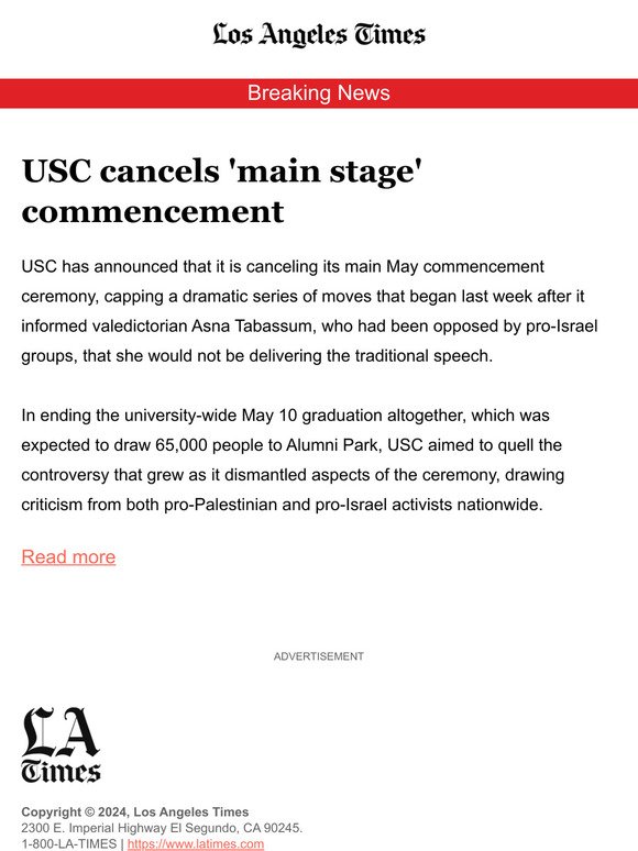 USC cancels 'main stage' commencement