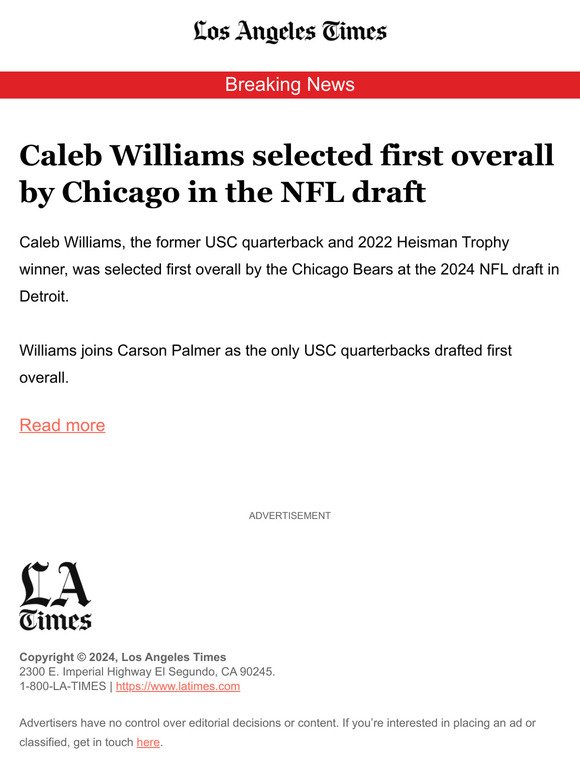 Breaking News: Caleb Williams selected first overall by Chicago in the NFL draft