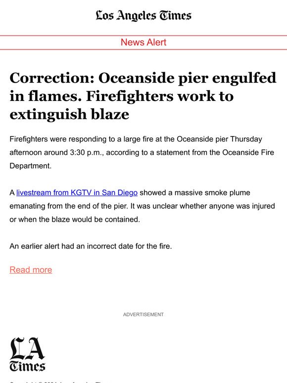 Correction: Oceanside pier engulfed in flames. Firefighters work to extinguish blaze