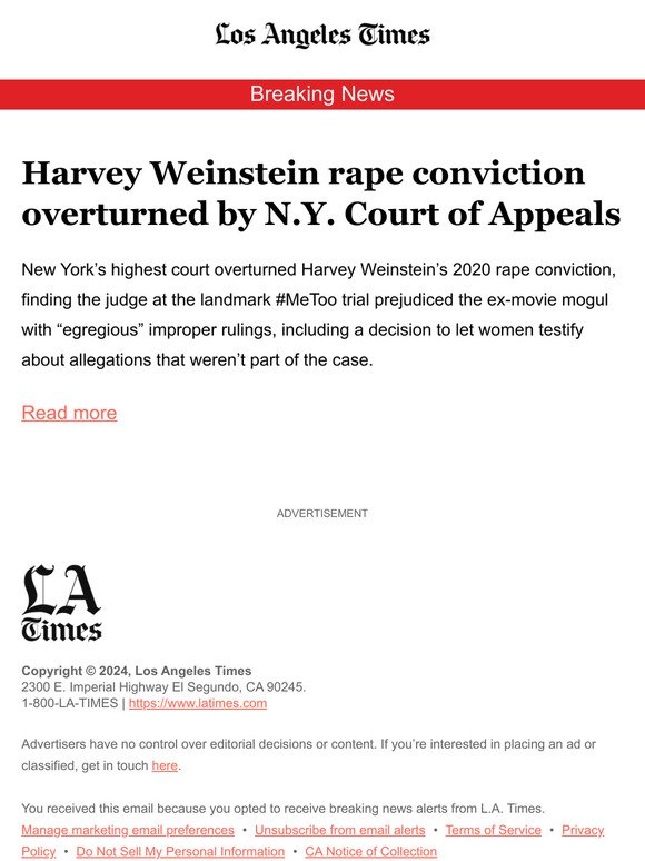 Harvey Weinstein rape conviction overturned by N.Y. Court of Appeals