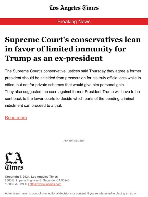 Supreme Court's conservatives lean in favor of limited immunity for Trump as an ex-president