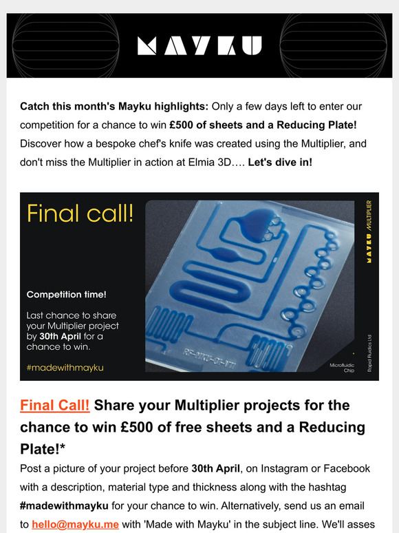 Last call to enter our competition... win £500 worth of free sheets and a Reducing Plate! ✨ - Mayku Newsletter