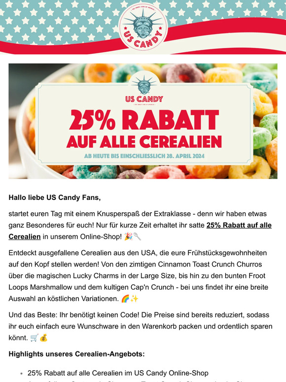Knusprige Angebote: 25% Rabatt auf alle Cerealien im US Candy Online-Shop! 🥣🌟