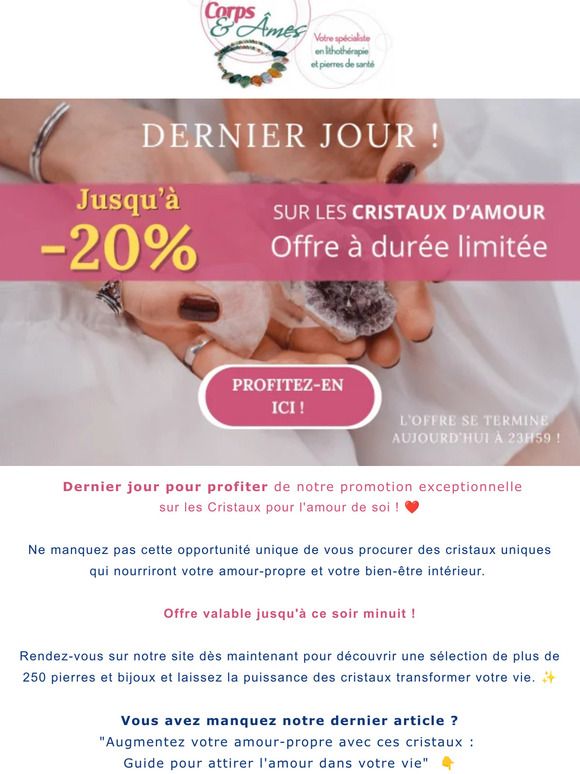 ⏰ DERNIER JOUR : Jusqu'à -20% sur les cristaux pour l'amour de soi.