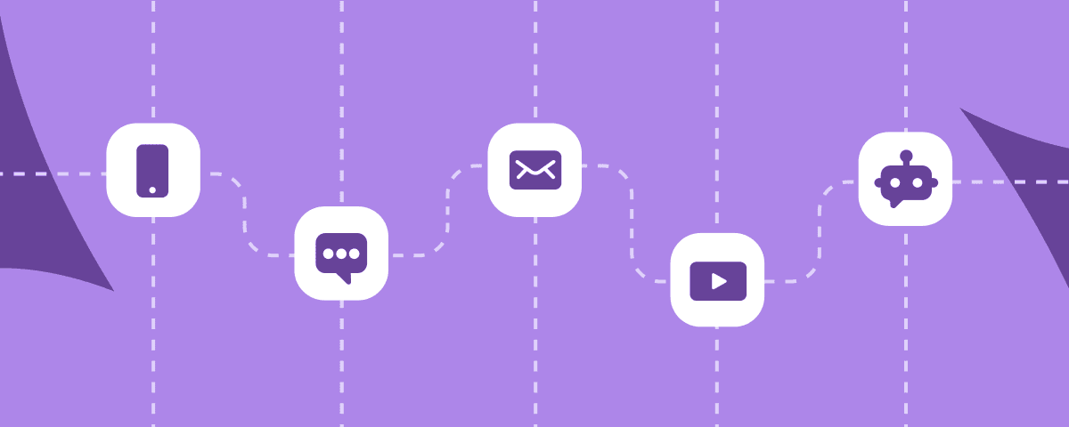 a row of connected icons portraying phones, messaging, email, video, and social media