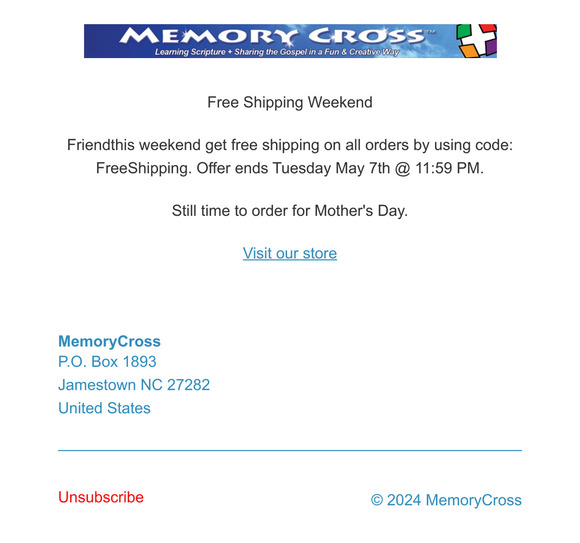 Free shipping on all orders now through May 7th.