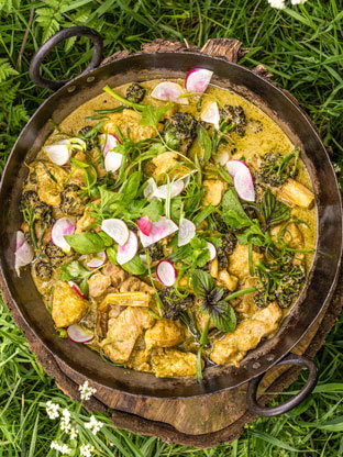 A pan of fragrant green chicken curry, places on grass