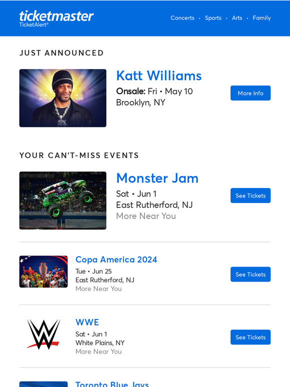 Ticketmaster Copa America 2024, Monster Jam, Katt Williams & more near you! Milled