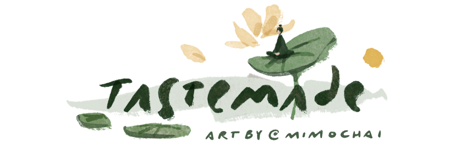 a logo for Tastemade designed in a painterly watercolor style with a woman sitting on a lotus flower lily pad
