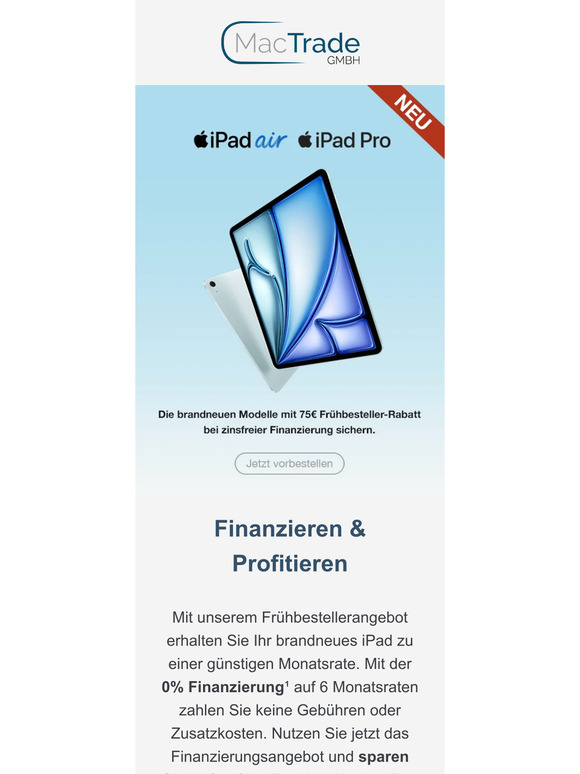 NEU: iPad Air M2 & iPad Pro M4 ⭐ 75€ Vorbesteller-Rabatt bei Finanzierung🚨