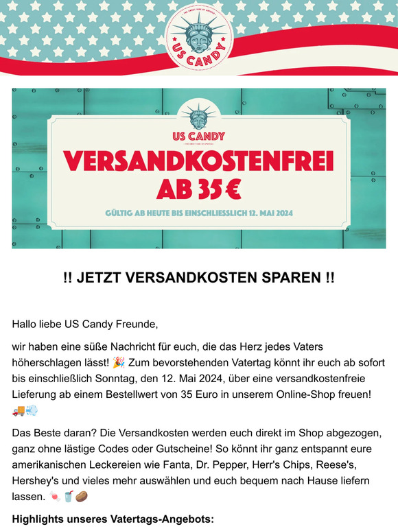 Versandkostenfrei ab 35 Euro im US Candy Onlineshop - Süße Überraschung zum Vatertag!🎁🇺🇸