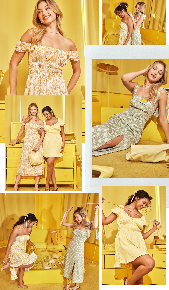 image collage in yellow room with girls in yellow floral midi dress, and yellow ruffle tier dress.