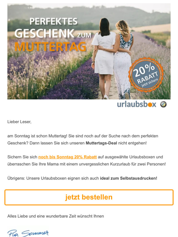💐 Noch schnell 20% Rabatt auf Kurzurlaube sichern – das perfekte Muttertagsgeschenk! 💐