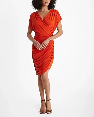 v-neck short sleeve draped mini sheath dress